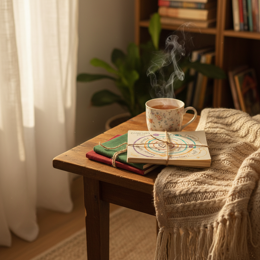 A cozy reading nook corner with an overstuffed armchair just out of frame, focusing instead on a low wooden side table holding a steaming mug of herbal tea and a small stack of worn, mismatched notebooks tied loosely with twine. The top notebook is half-open, revealing a colorful mind map shaped like a spiral returning inward. A soft knitted blanket spills slightly onto the table edge. Golden hour sunlight seeps through translucent curtains, bathing everything in warm, diffused light and creating a serene, inviting atmosphere. Photographed at eye level with a gently blurred background of bookshelves and houseplants, in a warm, photographic realism style. The composition feels intimate and playful, suggesting that conscious new beginnings can be gentle, comforting returns to familiar parts of oneself.