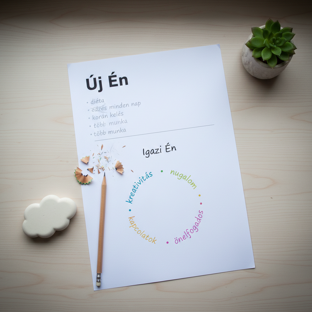 A bright, minimalist desk scene where a large, clean white sheet of paper shows a partially erased list titled “Új Én” with faint crossed-out items, and beneath it, freshly written colorful words forming a circle labeled “Igazi Én.” A chunky, playful eraser shaped like a cloud rests beside a simple wooden pencil whose shavings curl whimsically nearby. The desk surface is a pale, matte wood, with a small succulent in a ceramic pot adding organic texture at the edge of the frame. Cool, diffused daylight from a nearby window casts soft, shadowless illumination, giving a clear, modern feel. Captured from a top-down perspective with sharp clarity and a hint of vignetting, this photographic realism composition playfully conveys letting go of pressure to change and instead circling back to one’s true self.