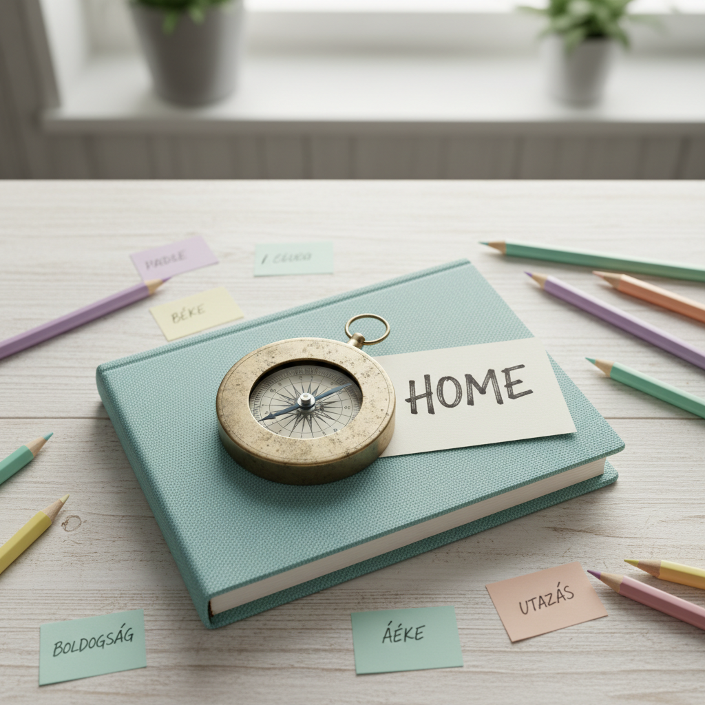 A vintage-style compass made of brushed brass resting on a pastel teal journal with a fabric cover, both placed on a pale birch table. The compass needle points toward a hand-drawn word “HOME” subtly visible on a small paper card tucked under its edge. Around them, colored pencils and sticky notes with tiny, uplifting words in Hungarian peek into the frame. Soft morning light filters across the surface, highlighting textures in the metal, paper, and fabric while casting delicate shadows. Shot from above in a balanced, rule-of-thirds composition with gentle background blur, the photographic realism and airy, playful mood evoke conscious new beginnings as a journey back to one’s inner center rather than a forced transformation.